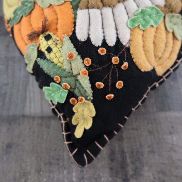Traditions Turkey in Heart Hand Stitched Wool Felt Pillow Harvest Thanksgiving - Picture 4 of 6